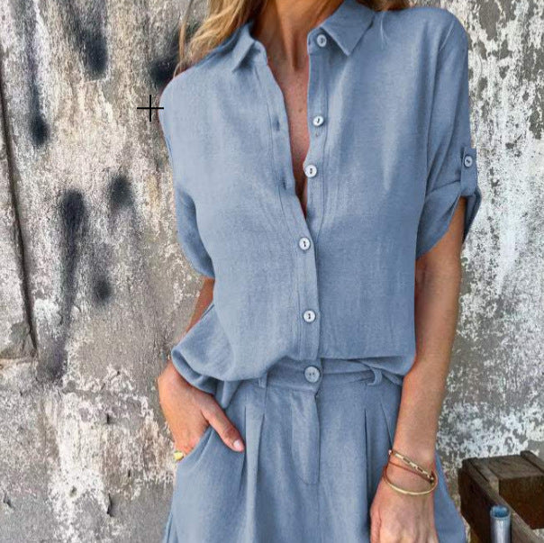 Kısa Kollu Takım Elbise Moda Yaka Düğmeli Gömlek Üst Ve Cep Şort