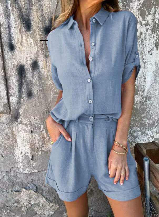 Kısa Kollu Takım Elbise Moda Yaka Düğmeli Gömlek Üst Ve Cep Şort