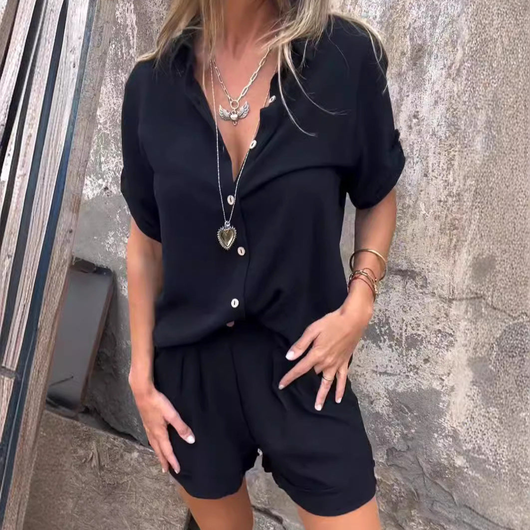 Kısa Kollu Takım Elbise Moda Yaka Düğmeli Gömlek Üst Ve Cep Şort