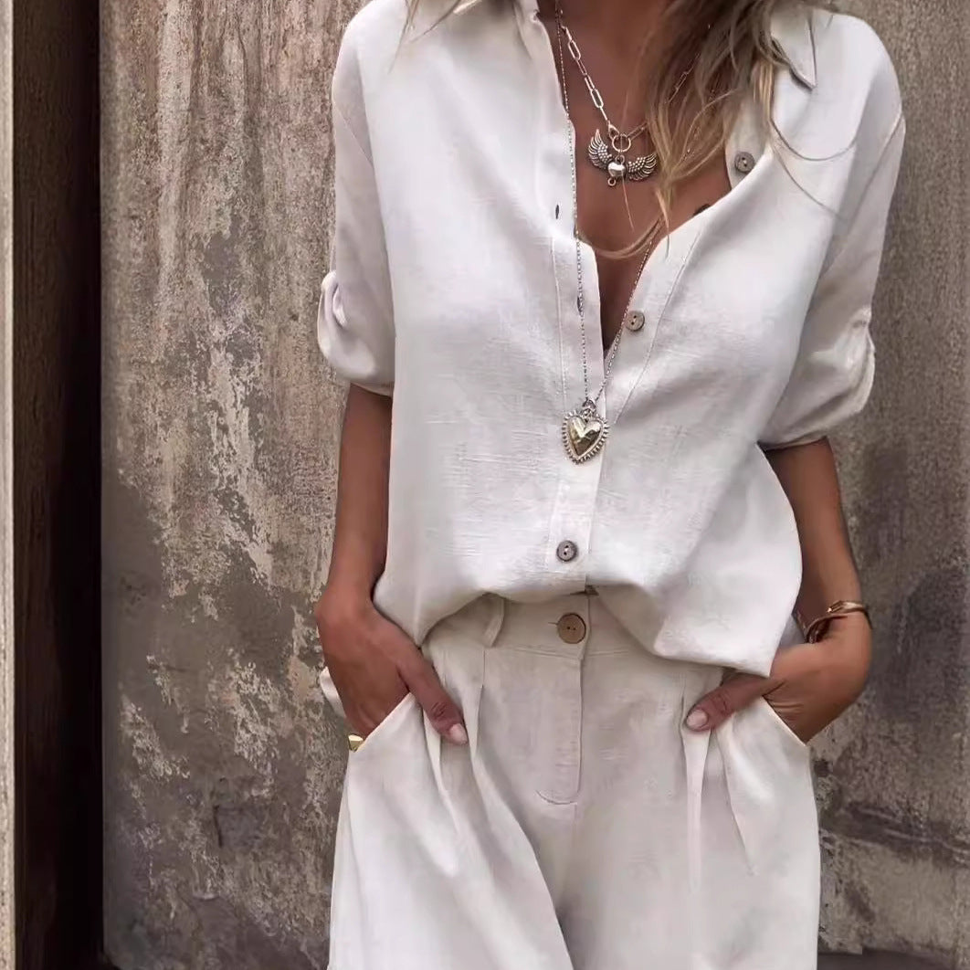 Kısa Kollu Takım Elbise Moda Yaka Düğmeli Gömlek Üst Ve Cep Şort