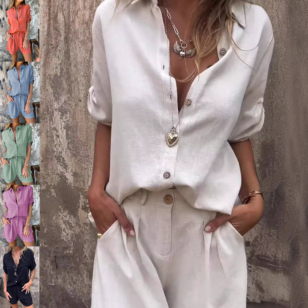 Kısa Kollu Takım Elbise Moda Yaka Düğmeli Gömlek Üst Ve Cep Şort