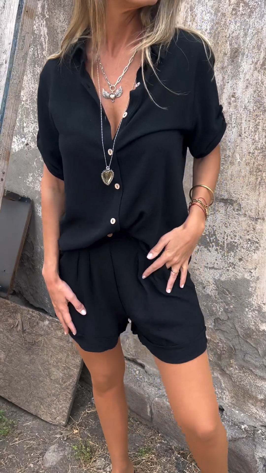 Kısa Kollu Takım Elbise Moda Yaka Düğmeli Gömlek Üst Ve Cep Şort